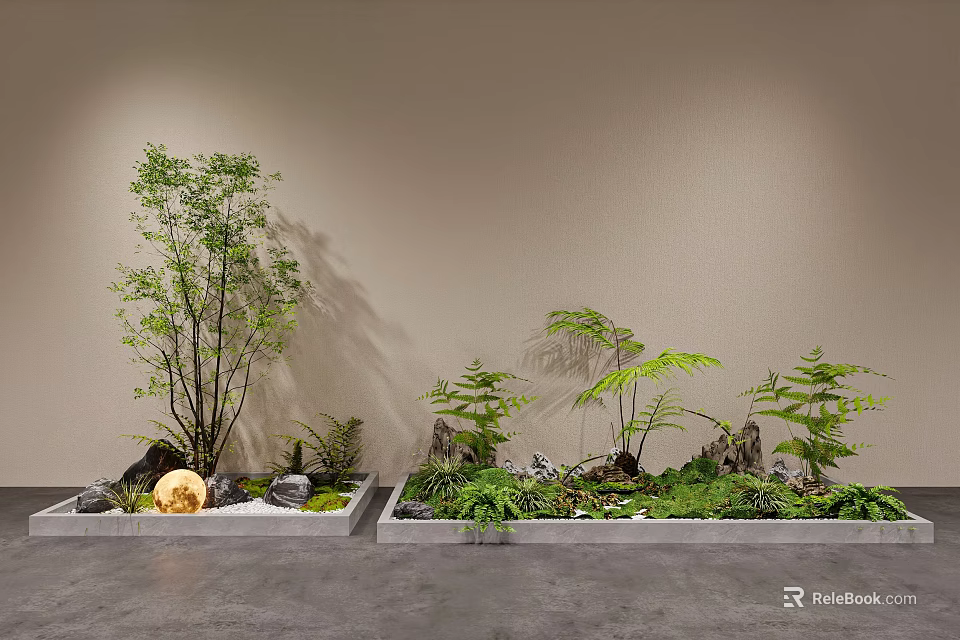 Natural Indoor Landscape Design With Tall Tree Ferns Stones And Lighted Orb On Gray Floor 3d model 