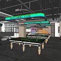 Modern Billiards Room Interior With Multiple Pool Tables Green Hanging Lights And Sofa Seating 3d model