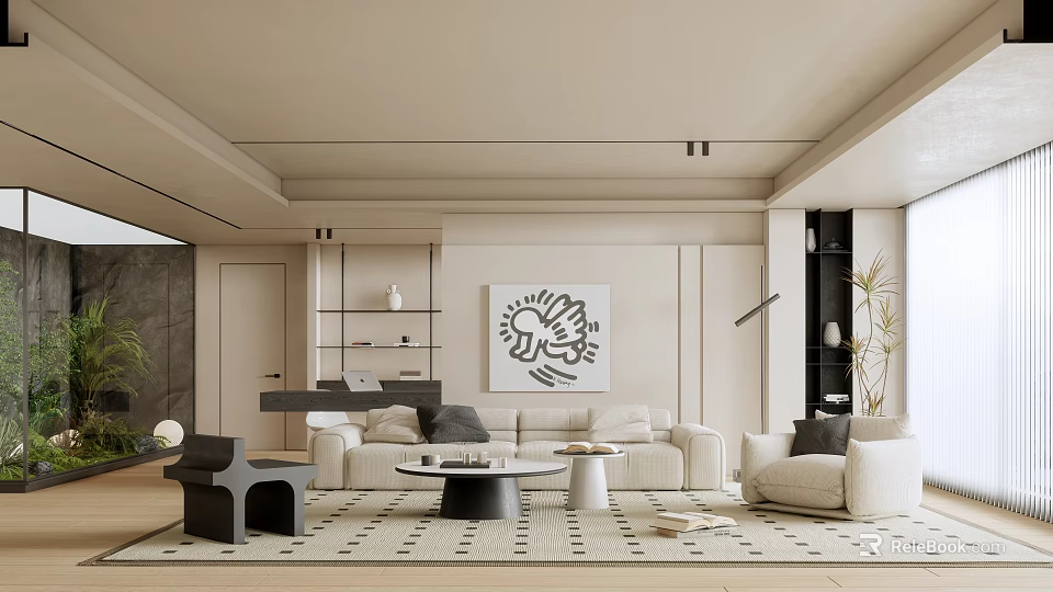Modern Living Room Interior Featuring Beige Sofa Black And White Artwork Geometric Rug And Armchair 3d model 