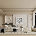 Modern Living Room Interior Featuring Beige Sofa Black And White Artwork Geometric Rug And Armchair