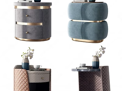 Stylish Bedside Tables Featuring Velvet And Textured Fabric With Gold Trim And Drawers 3d model