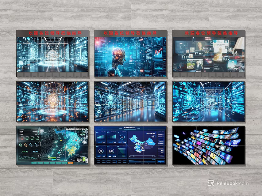 Multiple Monitor Screens Displaying Tech Data Center And Data Visualization Interfaces 3d model