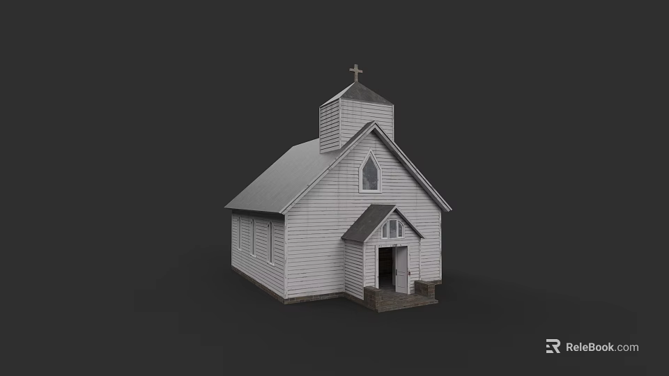 Garden Landscape Featuring White Church With Steeple Cross Windows And Door 3d model 
