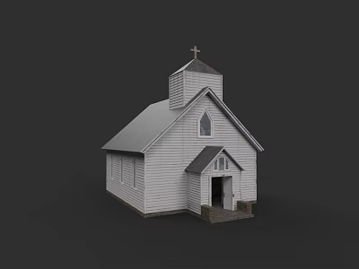 Garden Landscape Featuring White Church With Steeple Cross Windows And Door 3d model