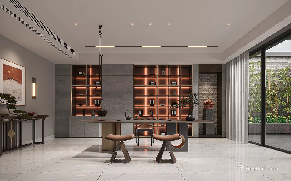 Modern Tea Room Interior With Long Table Stools And Illuminated Shelves 3d model