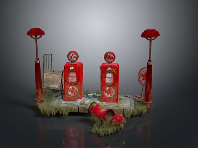 Abandoned Gas Station Scene With Red Gas Pumps Street Lamps Weeds And Broken Pipes 3d model