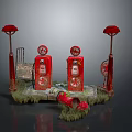 Abandoned Gas Station Scene With Red Gas Pumps Street Lamps Weeds And Broken Pipes