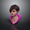Woman With Short Brown Hair Pink High Neck Clothing Earrings And Pendant Necklace