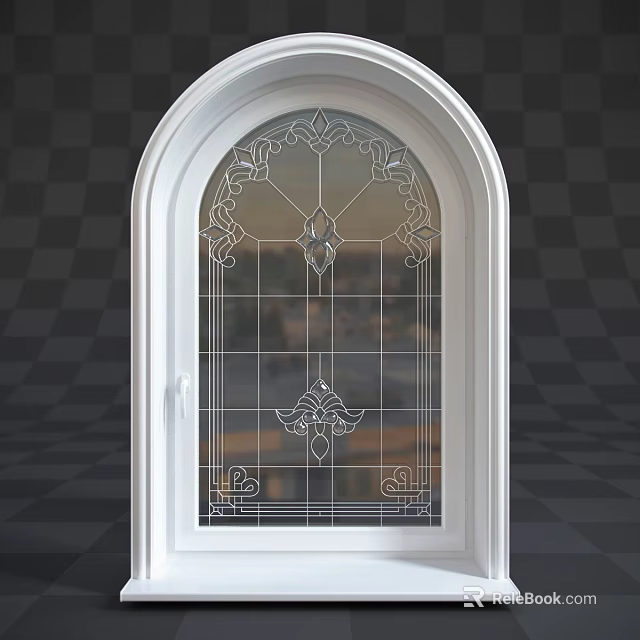 Elegant Casement Window With White Frame And Intricate Decorative Glass Patterns 3d model 