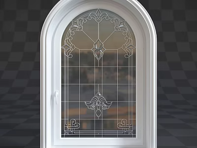 Elegant Casement Window With White Frame And Intricate Decorative Glass Patterns 3d model