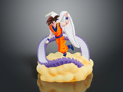 Anime Decorative Figurine With Orange Outfit White Wings Halo Yellow Cloud Base And Purple Dragon 3d model