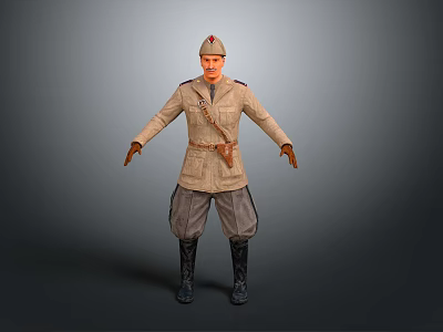 Historical Military Uniform Figure With Red Star Hat Beige Coat Gray Pants And Black Boots 3d model