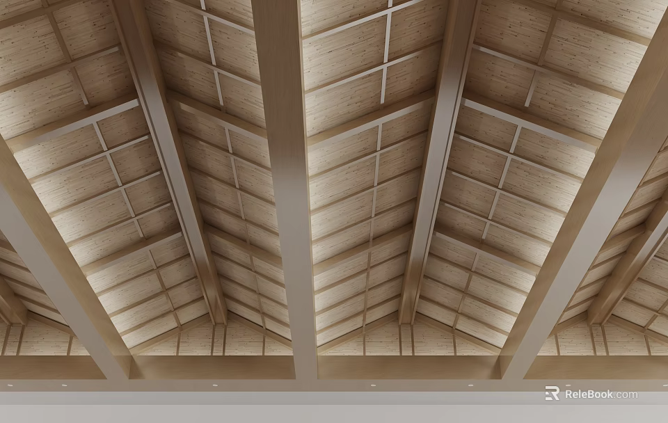 Modern Wooden Ceiling Design With Grid Pattern And Decorative Beams 3d model 