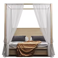 Natural Wood Frame Double Canopy Bed With White Sheer Curtains And Comfortable Bedding For Bedroom