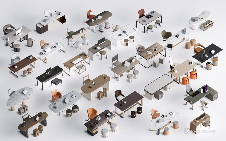 Assorted Modern Desk Designs With Different Colors Chairs And Storage Elements 3d model 