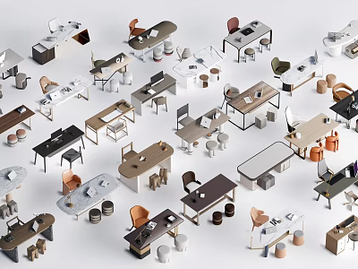 Assorted Modern Desk Designs With Different Colors Chairs And Storage Elements 3d model