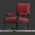 Vintage Red Patterned Upholstered Chair With Intricate Wooden Carved Frame And Armrests