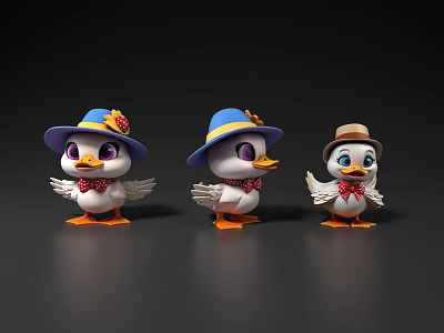 Cute Cartoon Duck Figurines With Different Hats Bow Ties And Colorful Details 3d model