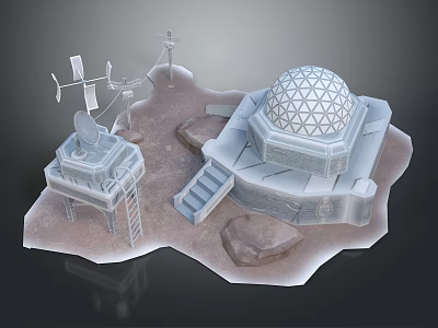 Cartoon Scene of Scientific Base With Dome Tower Ladder Satellite Dish Weathervane and Rocky Ground 3d model