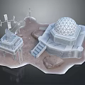 Cartoon Scene of Scientific Base With Dome Tower Ladder Satellite Dish Weathervane and Rocky Ground