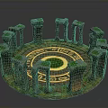 Ancient Circular Ruin Structure With Moss Covered Stone Pillars Central Green Grass And Yellow Ground Patterns