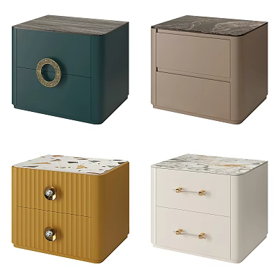 Stylish Bedside Tables With Green Beige Yellow White Colors And Gold Decorative Accents 3d model
