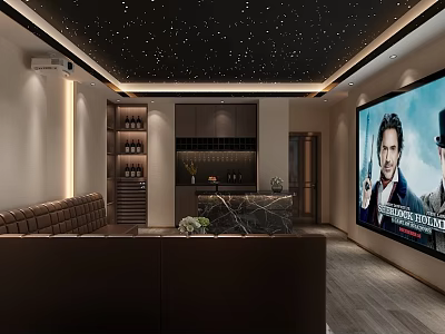 Home Theater Interior With Starry Ceiling Projector Brown Sofa Large Screen Wine Rack Bar Counter 3d model