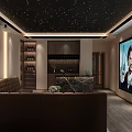 Home Theater Interior With Starry Ceiling Projector Brown Sofa Large Screen Wine Rack Bar Counter