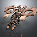 Rustic Brown Mechanical Flying Vehicle With Dual Rotors And Orange Lights