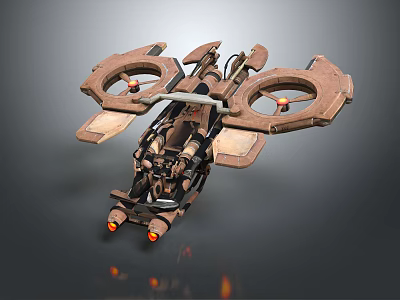 Rustic Brown Mechanical Flying Vehicle With Dual Rotors And Orange Lights 3d model