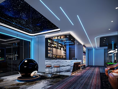 Modern Billiard Room Interior Design With Starry Ceiling Blue Lighting Strips And Bar Counter 3d model