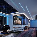 Modern Billiard Room Interior Design With Starry Ceiling Blue Lighting Strips And Bar Counter