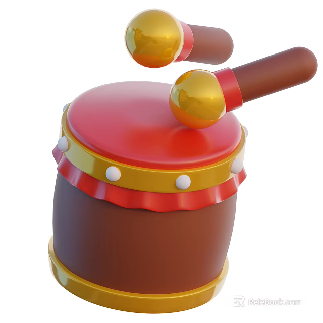 Vibrant Decorative Ornament Set with Red Drum Shaped Yellow Trim White Dots and Golden Mallets 3d model 