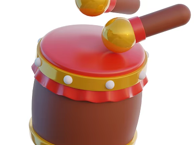 Vibrant Decorative Ornament Set with Red Drum Shaped Yellow Trim White Dots and Golden Mallets 3d model