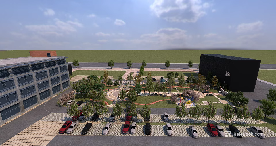Lush Urban Park Landscape With Green Lawn Trees Parking Area And Surrounding Modern Buildings 3d model 