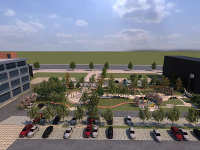 Lush Urban Park Landscape With Green Lawn Trees Parking Area And Surrounding Modern Buildings 3d model