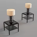 Two Table Lamps with Beige Lampshades Black Marble Textured Posts on Black Square Base Tables 3d model