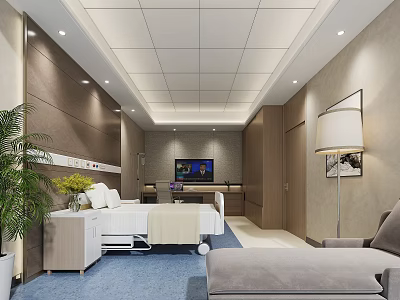 Hospital Outpatient Clinic Comfortable Ward Environment With Bed Plant TV Chair And Clean Interior 3d model