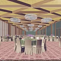 Elegant Banquet Hall With Wooden Ceiling Crystal Chandeliers White Chair Covers And Purple Flowers