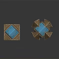 Two Metallic Geometric Sculptures With Copper Finish Ornate Polygonal Designs And Reflective Surfaces
