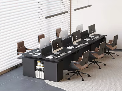 Modern Office Desk Chair Set With Black Long Table And Brown Rolling Chairs 3d model
