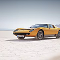 Colorful Sports Cars Parked On Sandy Beach With Mountain Background