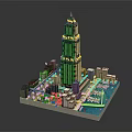 Cartoon City Scene With Tall Skyscraper Surrounding Buildings Water Area And Green Spaces