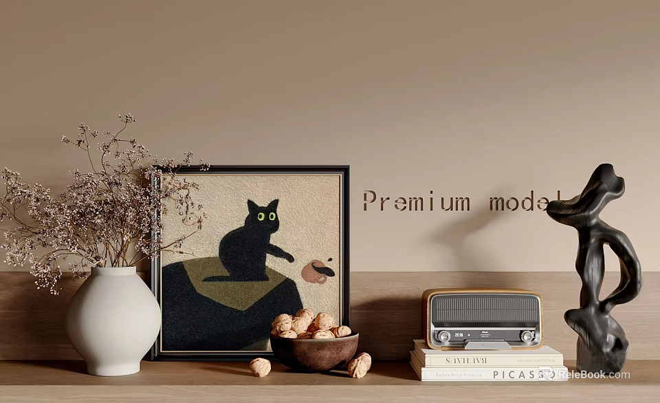 Decorative Ornament Set With Black Cat Painting White Vase Vintage Radio And Wooden Bowl 3d model 