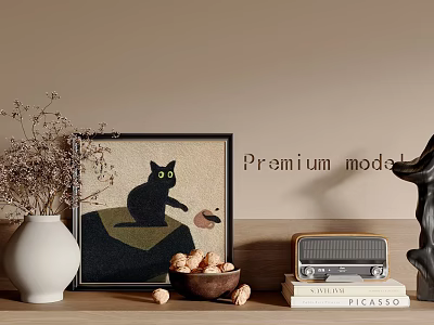 Decorative Ornament Set With Black Cat Painting White Vase Vintage Radio And Wooden Bowl 3d model
