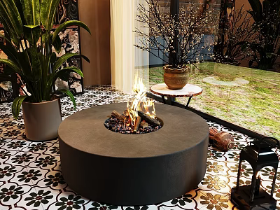 Decorative Ornaments Set With Round Concrete Fire Pit Burning Flames Green Plants And Clay Pot 3d model
