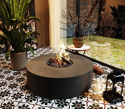 Decorative Ornaments Set With Round Concrete Fire Pit Burning Flames Green Plants And Clay Pot 3d model