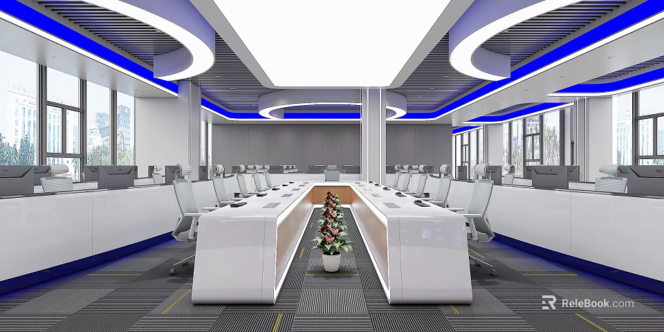 Modern Monitoring Room Interior Design With Control Consoles Multiple Displays Ergonomic Chairs 3d model 
