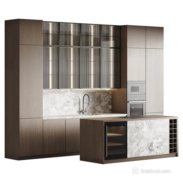 Modern Wooden Kitchen Cabinets With Glass Doors Marble Countertop And Built In Oven 3d model 