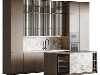Modern Wooden Kitchen Cabinets With Glass Doors Marble Countertop And Built In Oven 3d model